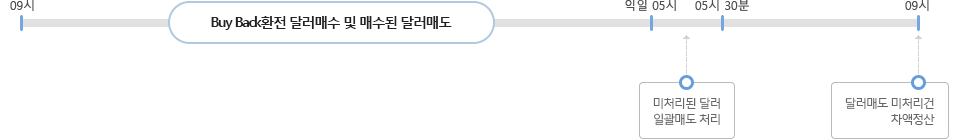 09시~익일 05시 까지 Buy Back 환천 처리가 가능하며 05시30분에 미처리된 달러 일괄매도 처리, 09시에 달러매도 미처리건 차액정산처리