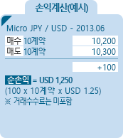 E-micro JPY [마이크로 일본엔] 통화선물 CME 손익계산(예시) - Micro JPY/USD-2013.06, 매수 10계약 10,200, 매도 10계약 10,300,  +100, 순손익 = USD 1,250 [100*10계약*USD 1.25] ※거래수수료는 미포함
