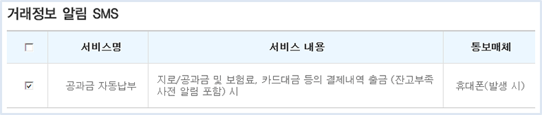 거래정보 알림 SMS 항목에 서비스명이 공과금 자동납부 선택. 서비스내용: 지로/공과금 및 보험료,카드대금 등의 결제내역 출금(잔고부족 사전 알림 포함)시, 통보매체:휴대폰(발생 시)