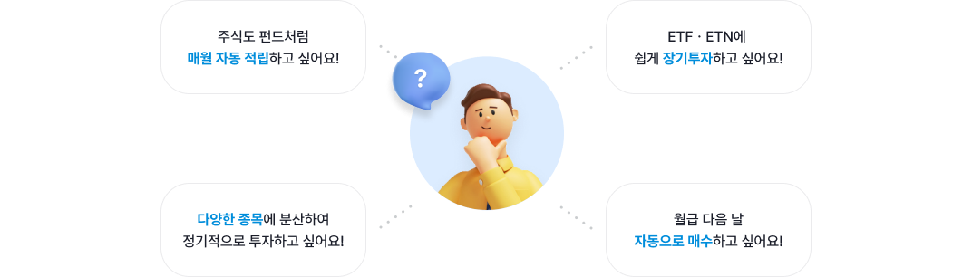 주식 자동 적립 투자, ETF·ETN 장기투자, 다양한 종목 분산 투자, 월급 다음날 자동 매수 등 정기 투자 관련 안내 이미지