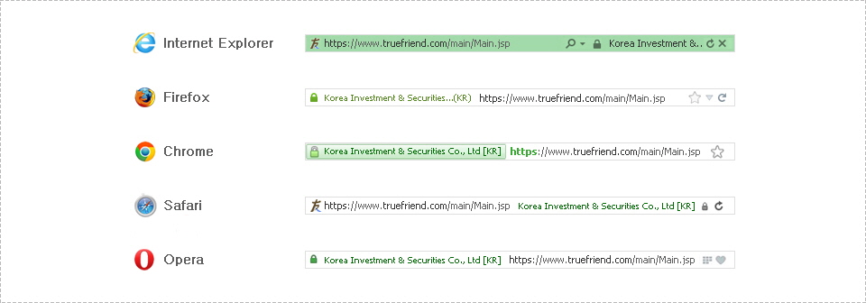 암호화 적용이 완료되어 안전페이지가 표시되는 주소창 - Internet Explorer, Firefox, Chrome, Safari, Opera 적용